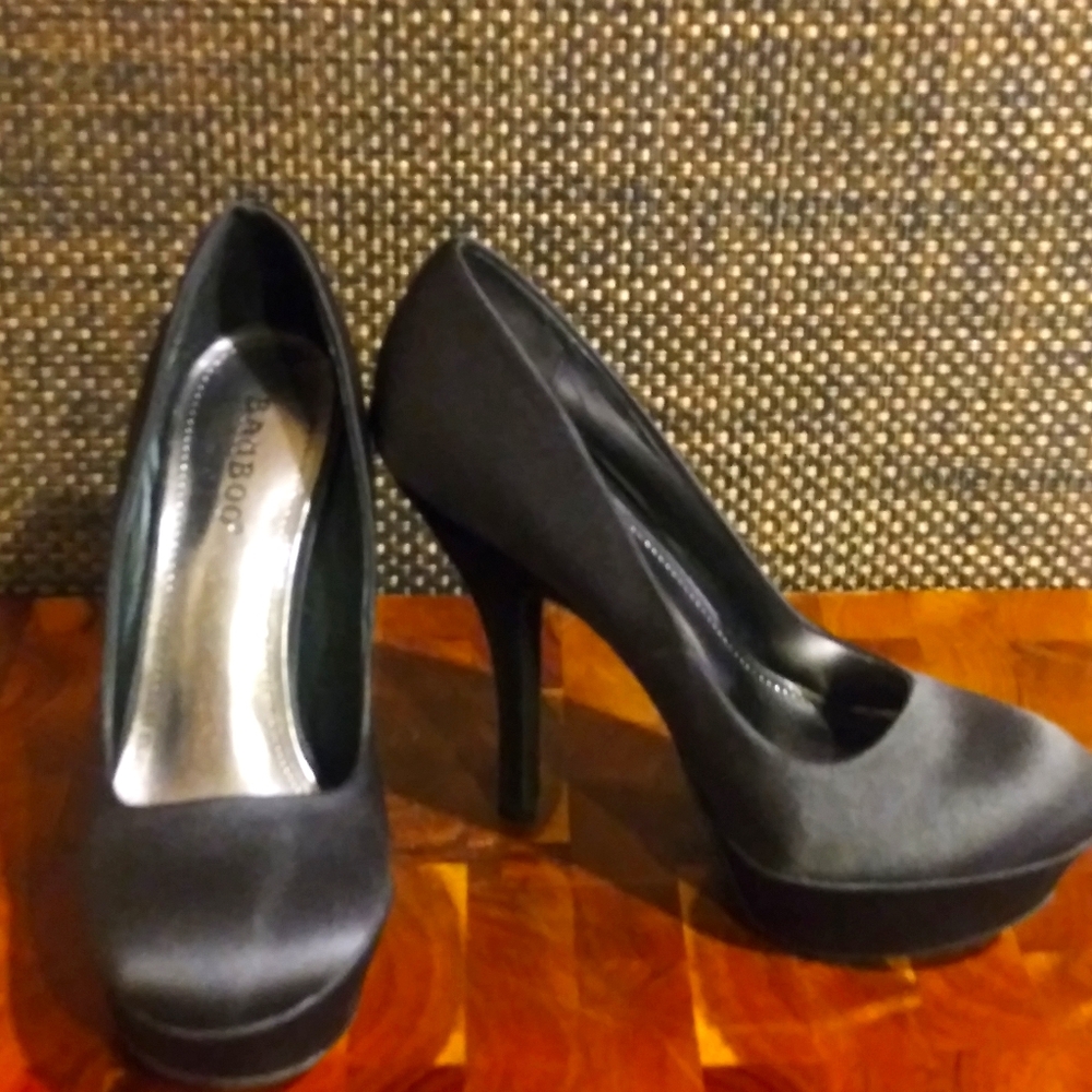 Black satin platform heels